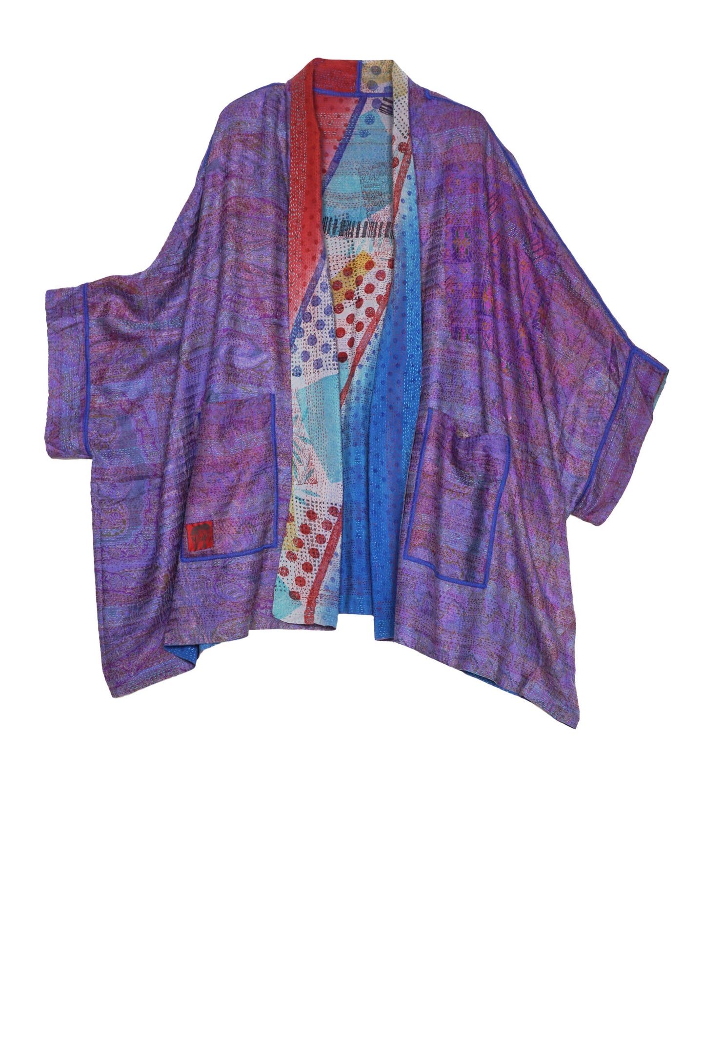 VINTAGE SILK GEORGETTE KANTHA DOUBLE COLLAR PONCHO - sg2323-0013a -