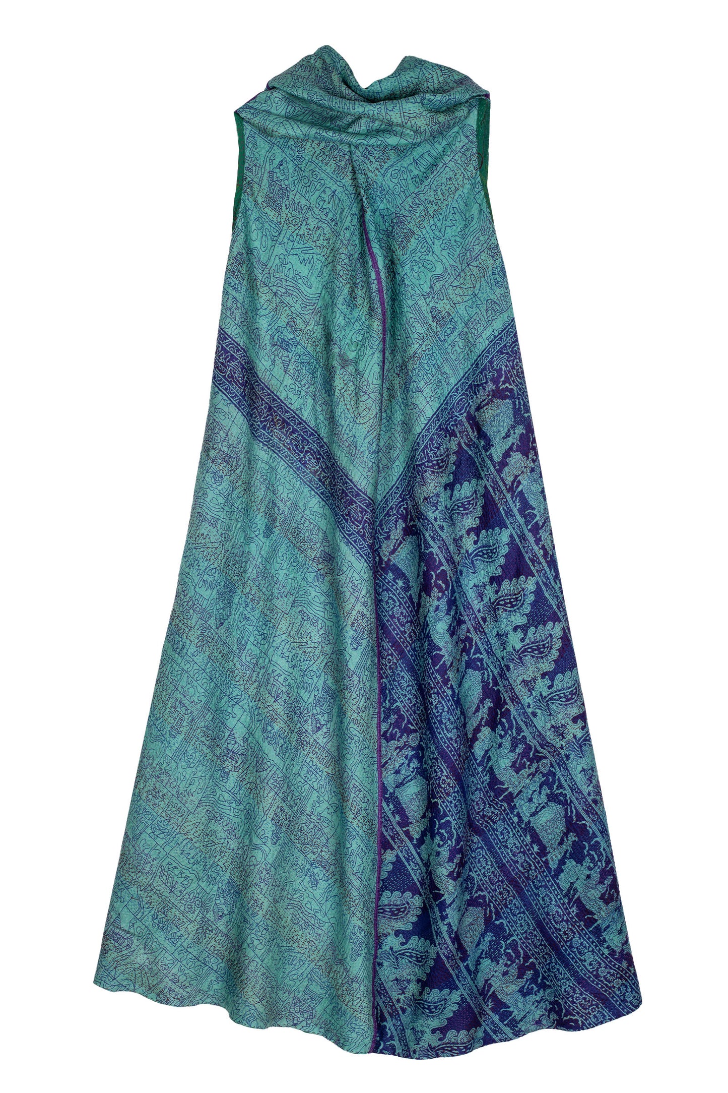 VINTAGE SILK GEORGETTE KANTHA COWL NECK MAXI DRESS - sg2438-0005s -