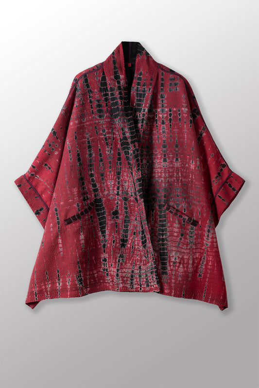 SERPENT PRINT KANTHA DOUBLE COLLAR PONCHO - sp2323-red -