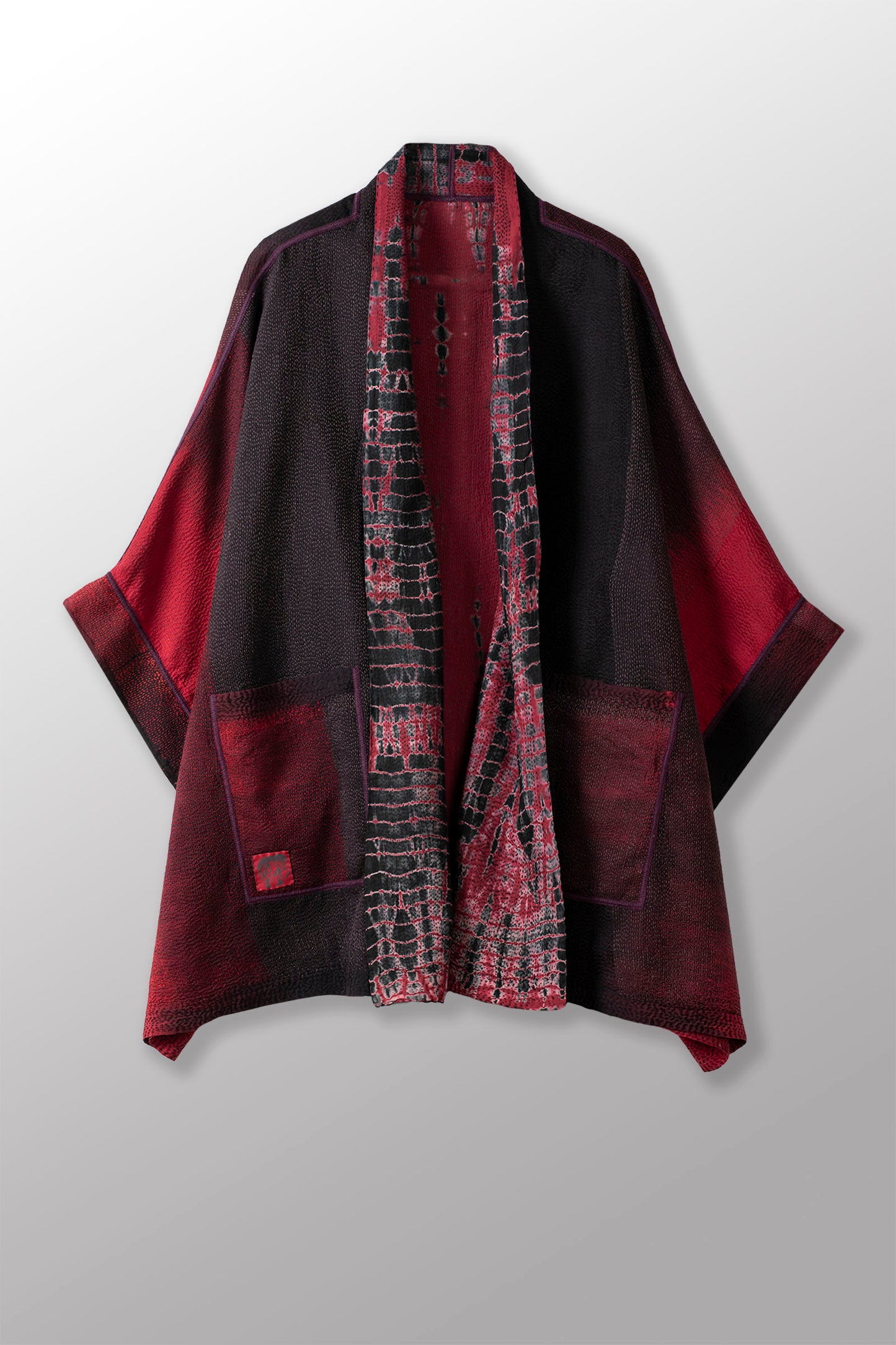 SERPENT PRINT KANTHA DOUBLE COLLAR PONCHO - sp2323-red -