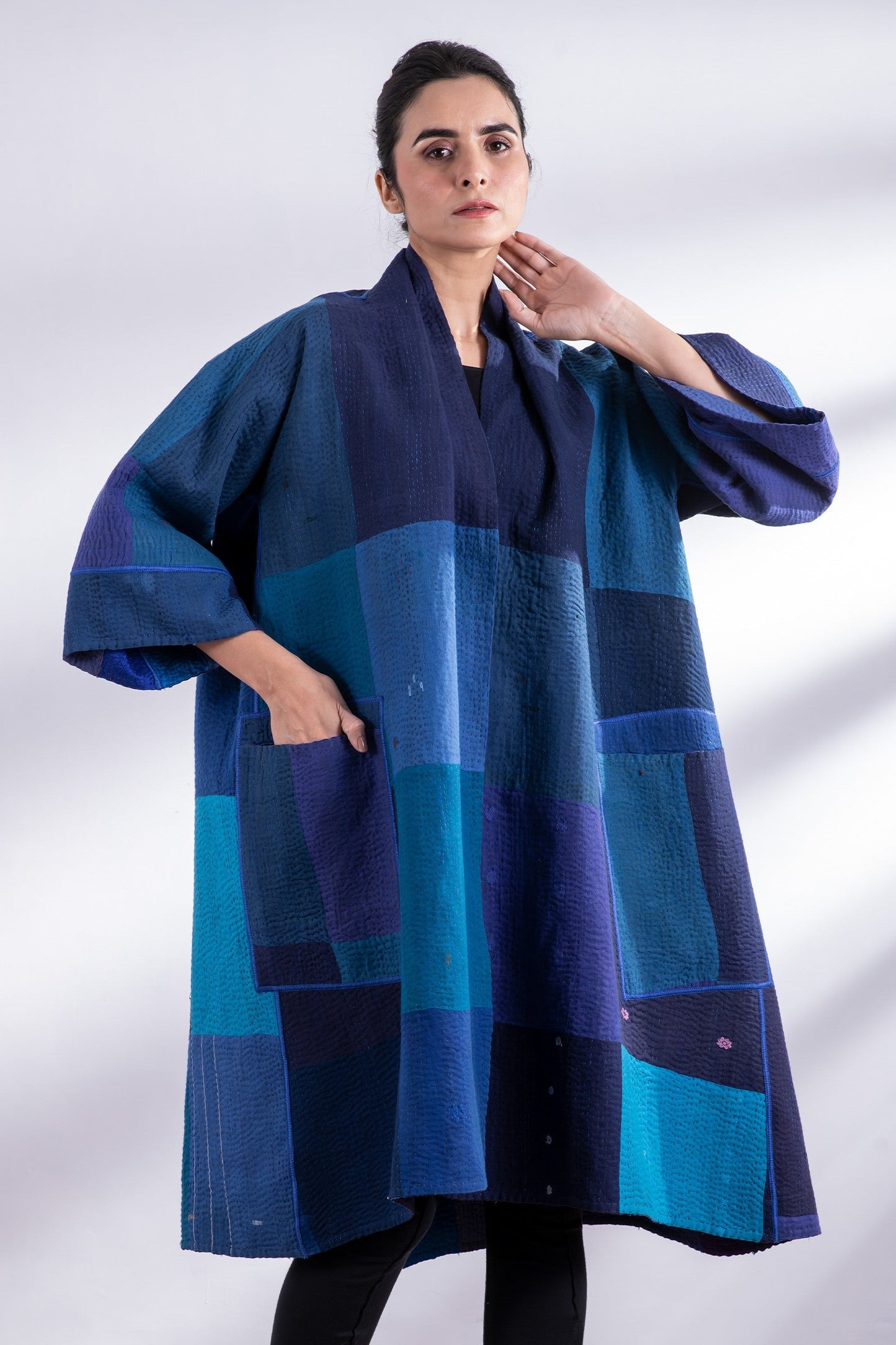 STRIPE AND CHECK COTTON SILK PATCH KANTHA 3/4 SLV. A-LINE DUSTER - ss4324-blu -