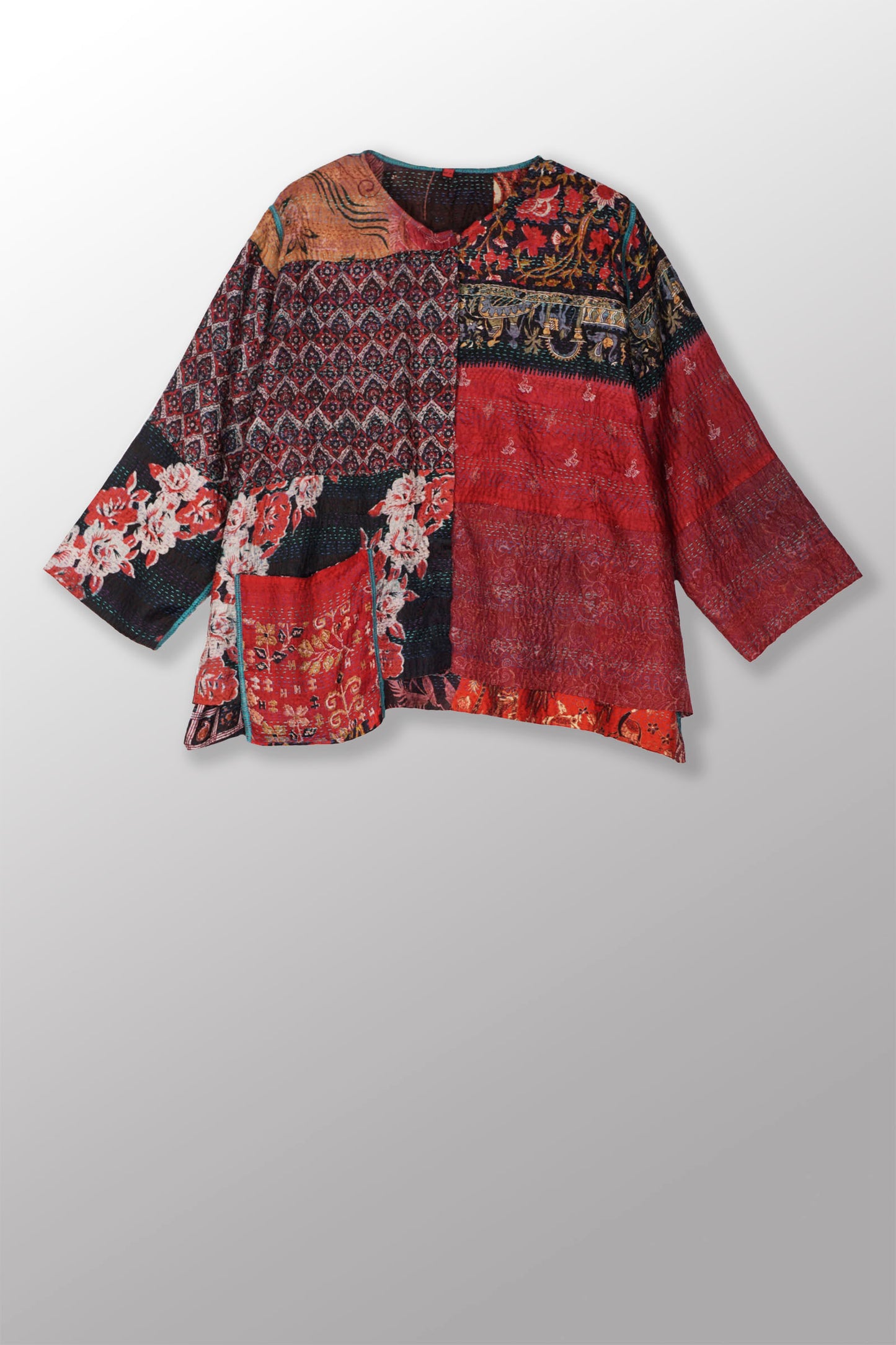 VINTAGE SILK KANTHA A-LINE SHORT JACKET - sv2019-0001a -