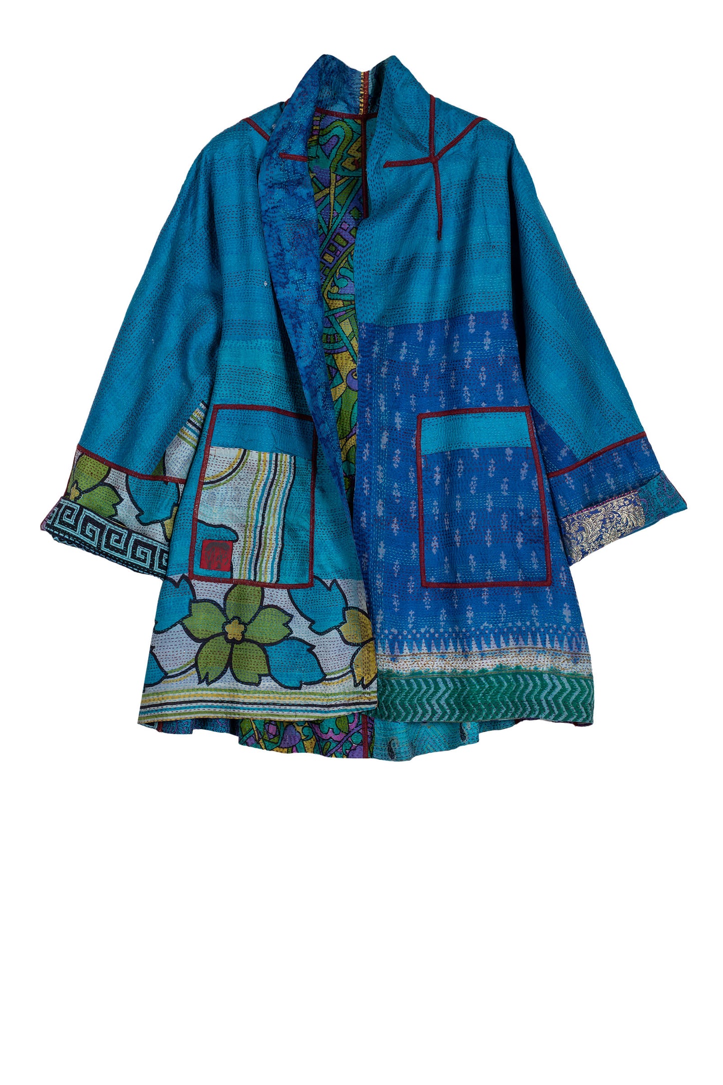 VINTAGE SILK KANTHA FLARE LONG JKT - sv2021-0030m -