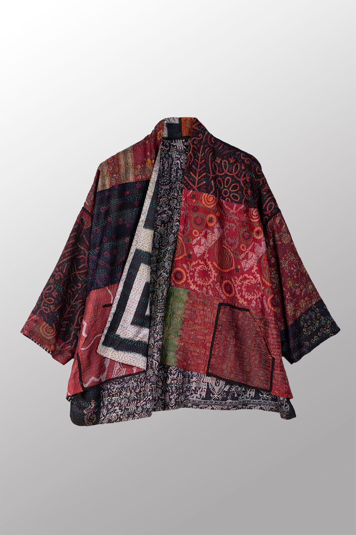 VINTAGE SILK KANTHA MINI KIMONO JKT - sv2055-0004a -