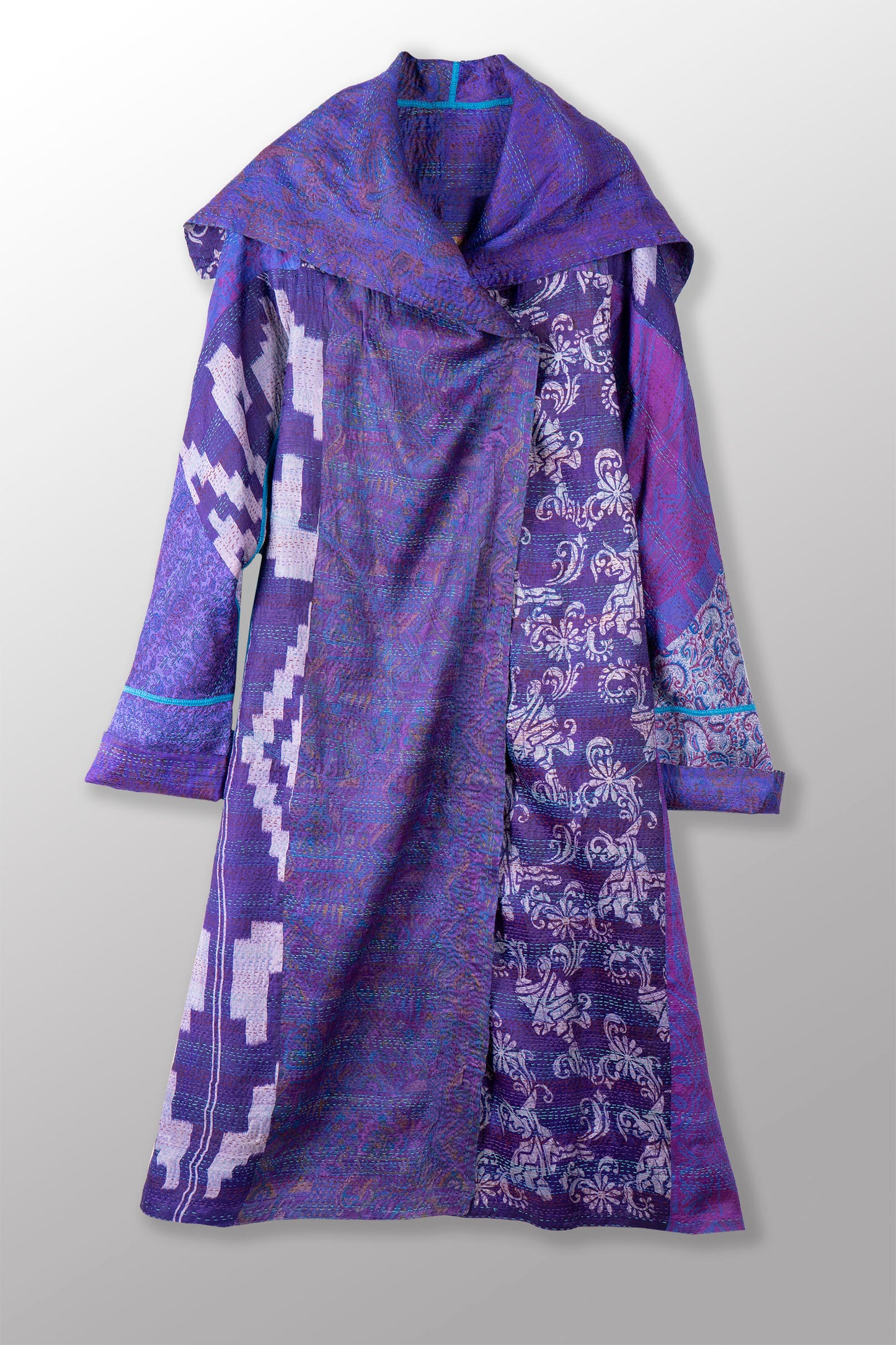 VINTAGE SILK KANTHA A-LINE LONG COAT - sv2302-0089a -