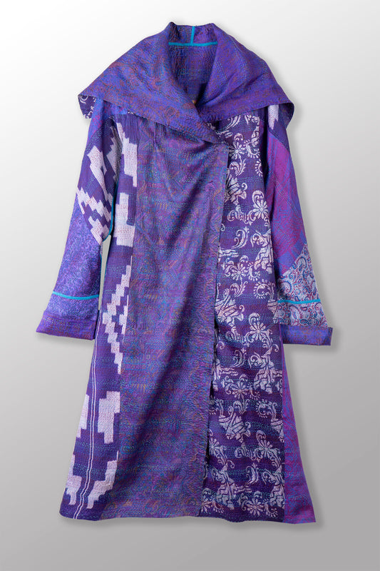 VINTAGE SILK KANTHA A-LINE LONG COAT - sv2302-0089a -