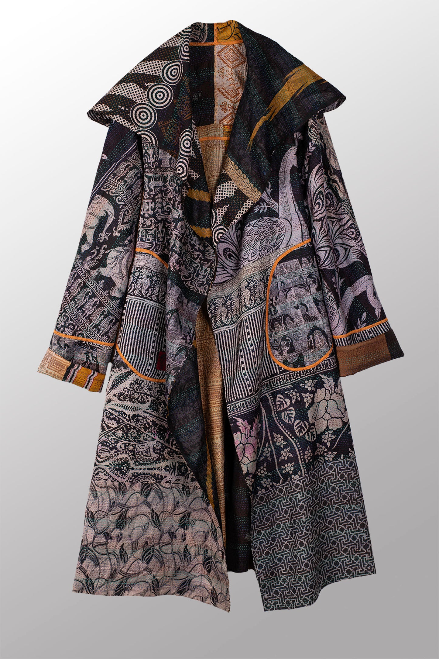 VINTAGE SILK KANTHA HOODED A-LINE LONG COAT - sv2306-0002a -