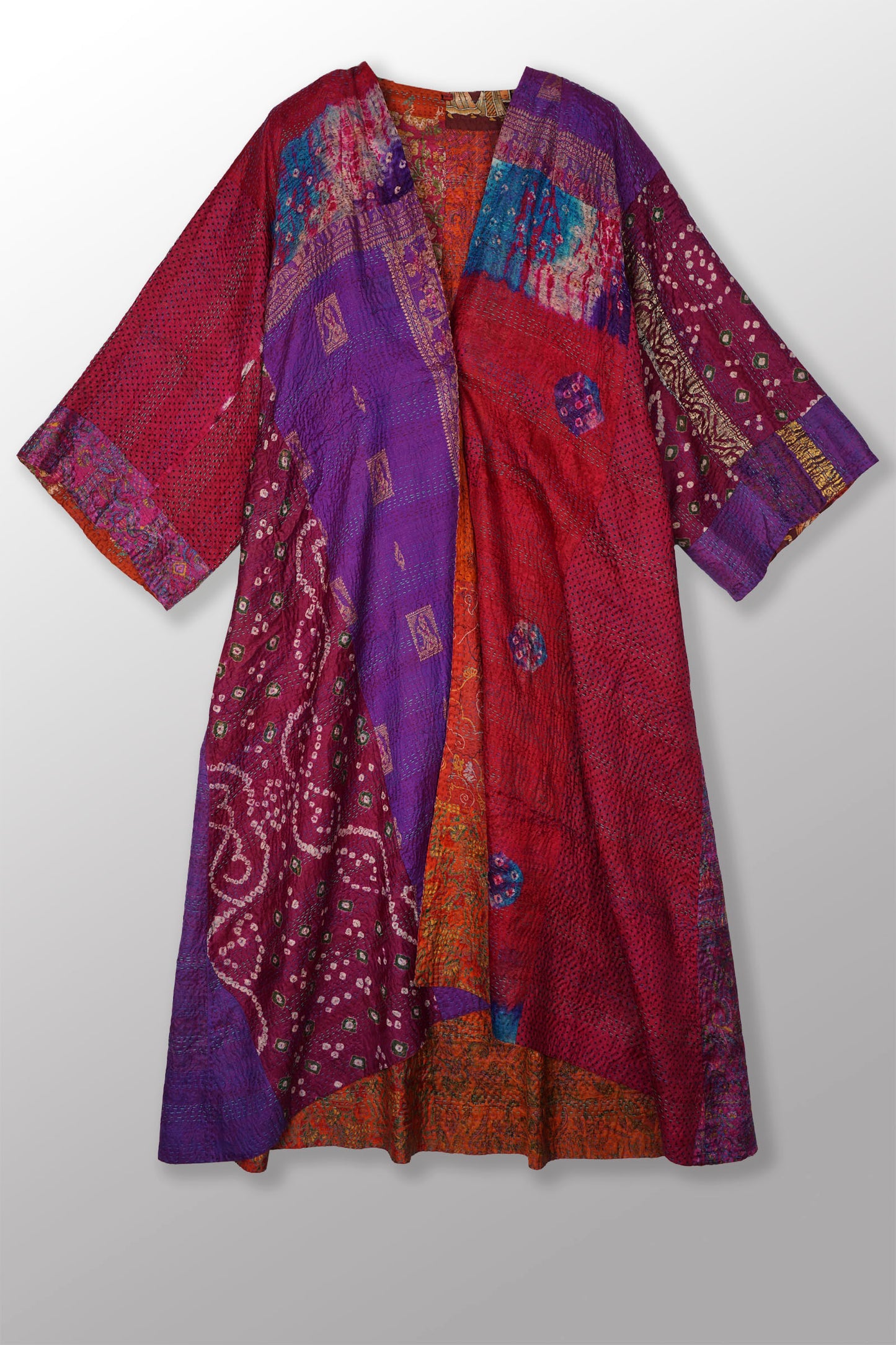 VINTAGE SILK KANTHA KIMONO MAXI - sv2318-0011a -