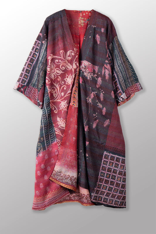 VINTAGE SILK KANTHA KIMONO MAXI - sv2318-0013a -