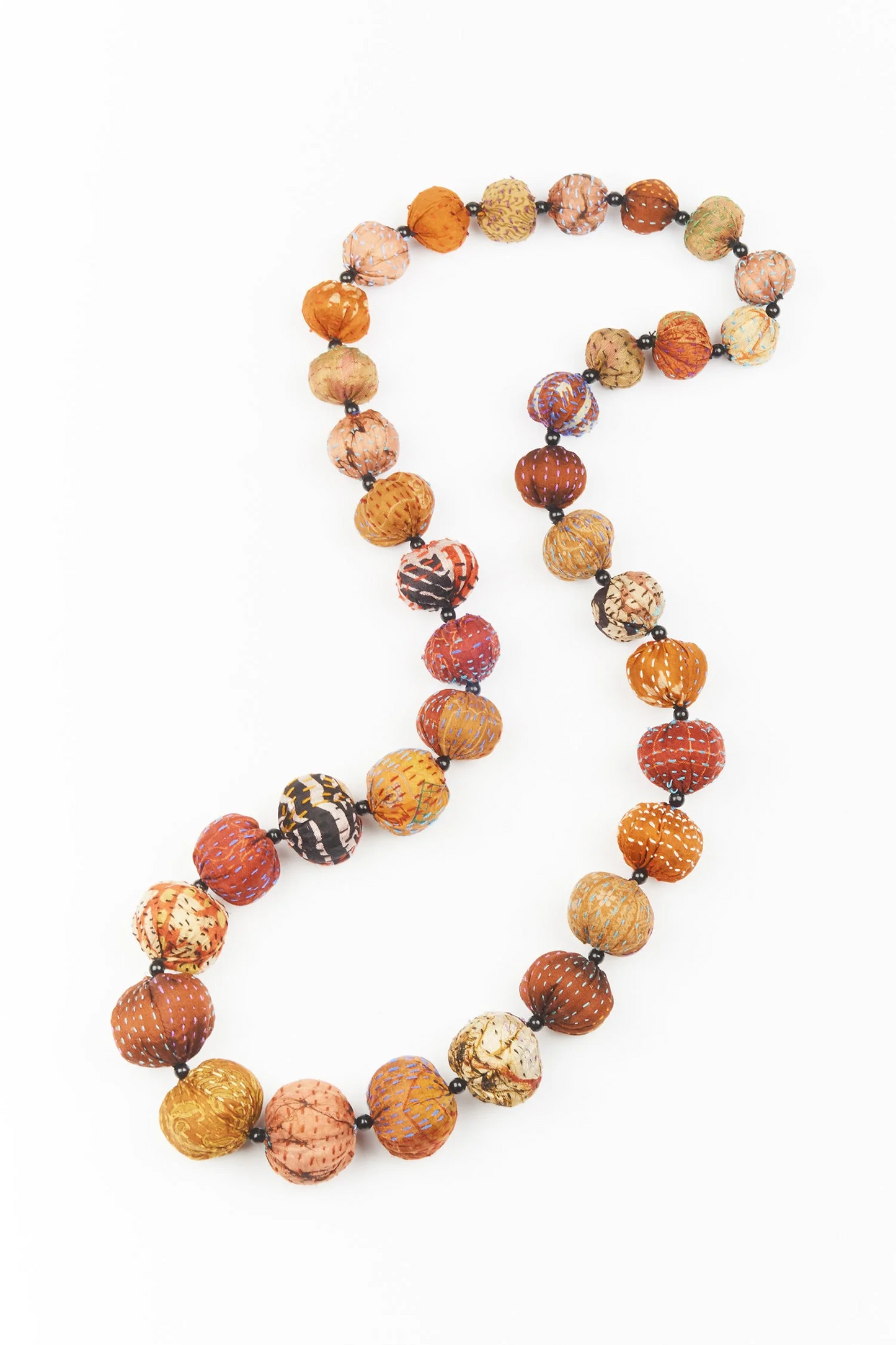 VINTAGE SILK KANTHA NUTS LONG NECKLACE - sv2702-org -