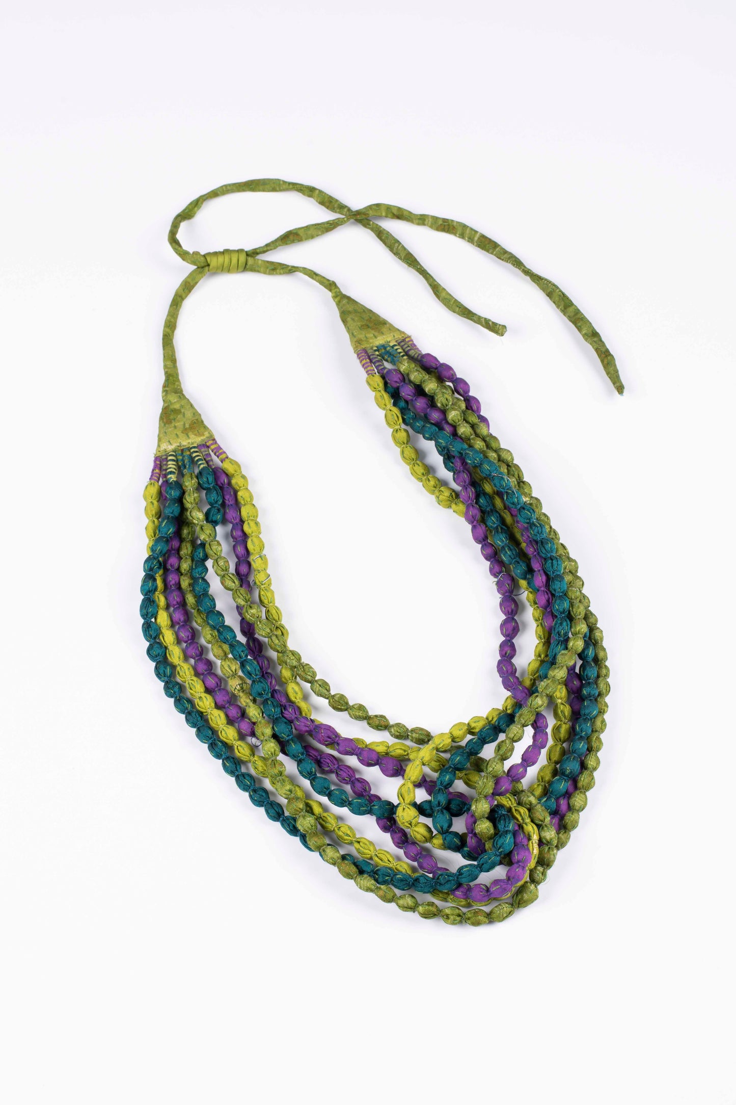 VINTAGE SILK KANTHA SEED NECKLACE - sv2721-fgn -