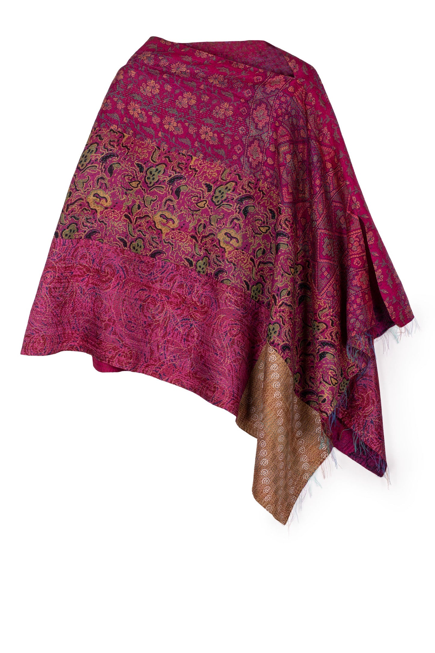 VINTAGE SILK KANTHA COWL NECK LONG CAPE - sv2842-mlt -