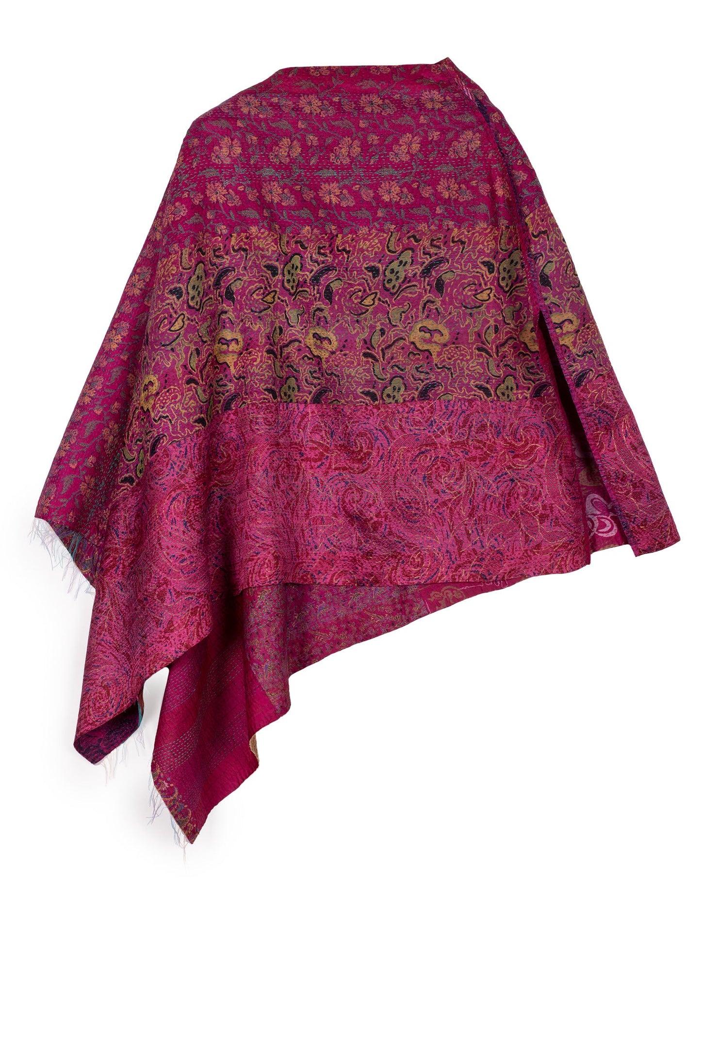 VINTAGE SILK KANTHA COWL NECK LONG CAPE - sv2842-mlt -