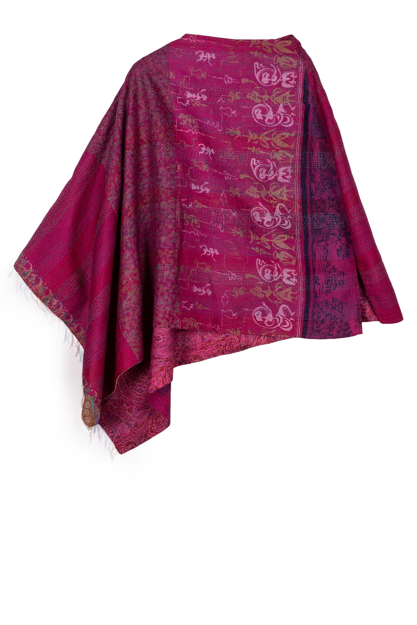 VINTAGE SILK KANTHA COWL NECK LONG CAPE - sv2842-mlt -