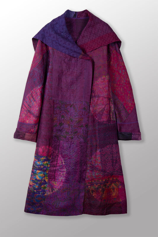 TIE DYE CIRCLE SHIBORI KANTHA A-LINE LONG COAT - td4302-prp -