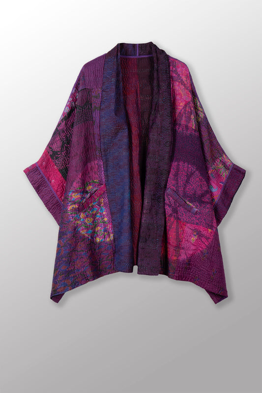 TIE DYE CIRCLE SHIBORI KANTHA DOUBLE COLLAR PONCHO - td4323-prp -