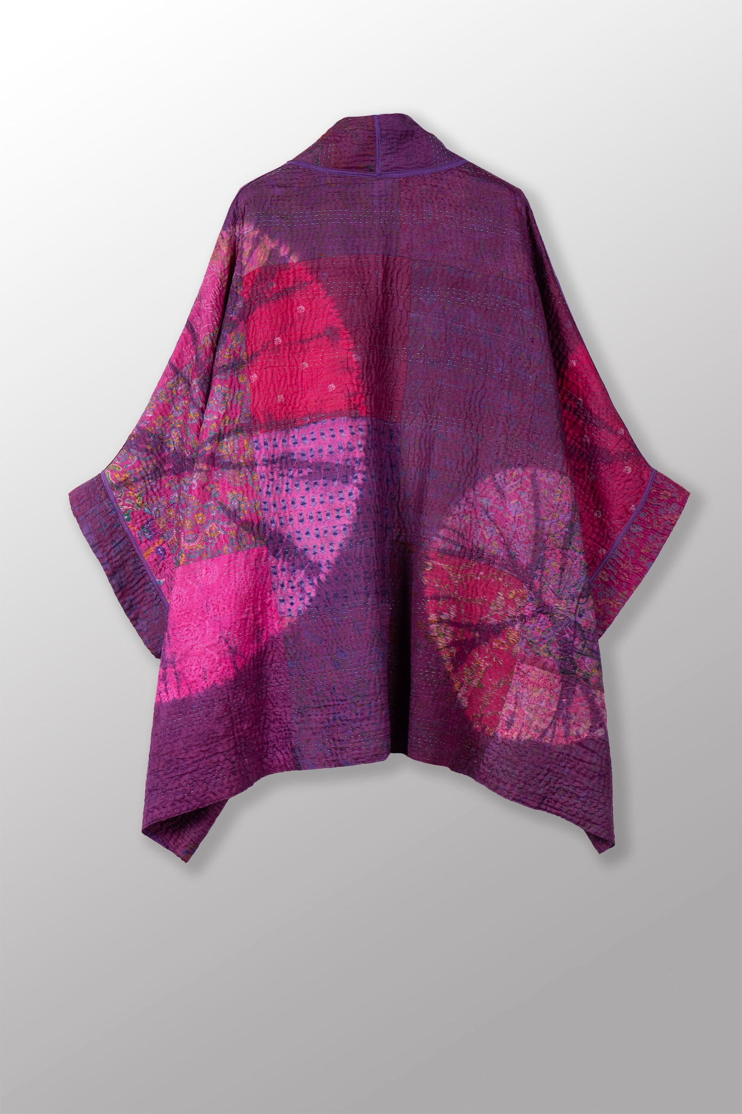 TIE DYE CIRCLE SHIBORI KANTHA DOUBLE COLLAR PONCHO - td4323-prp -