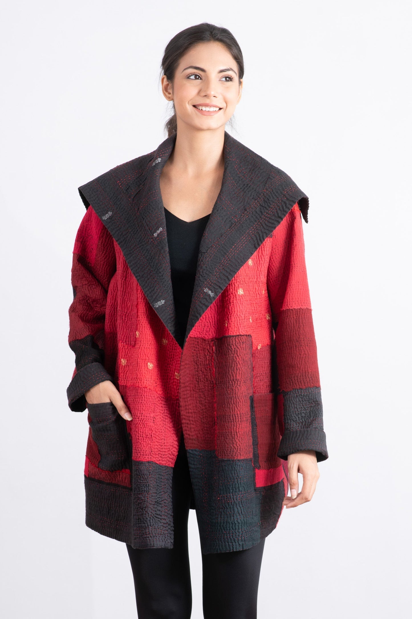 TWO TONE PATCH KANTHA POCKET JKT - tn4002-red -