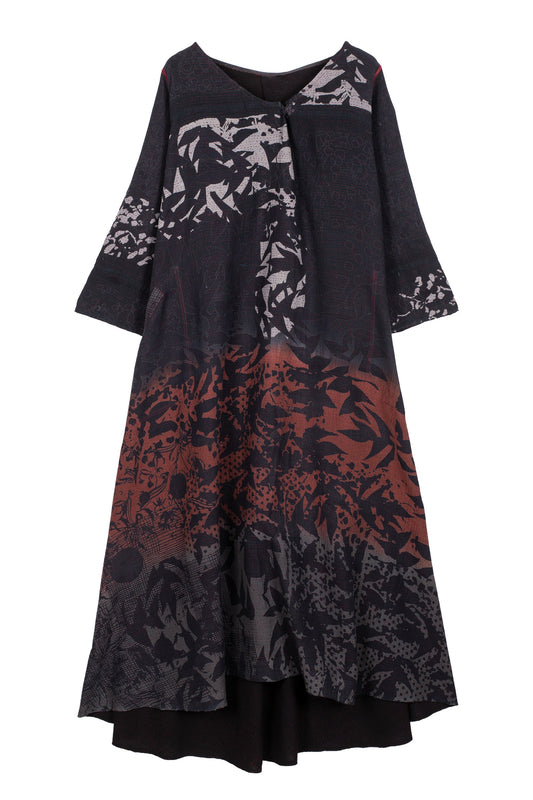 MONOTONE TWILIGHT PRINT KANTHA V-NECK MAXI WITH SLEEVES - tp2441-red -