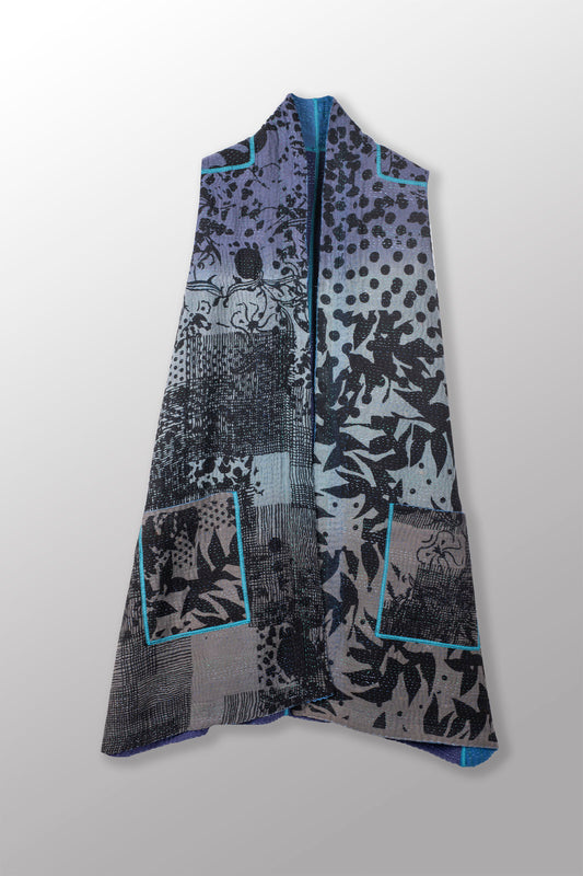 MONOTONE TWILIGHT PRINT KANTHA KIMONO VEST - tp4247-blu -