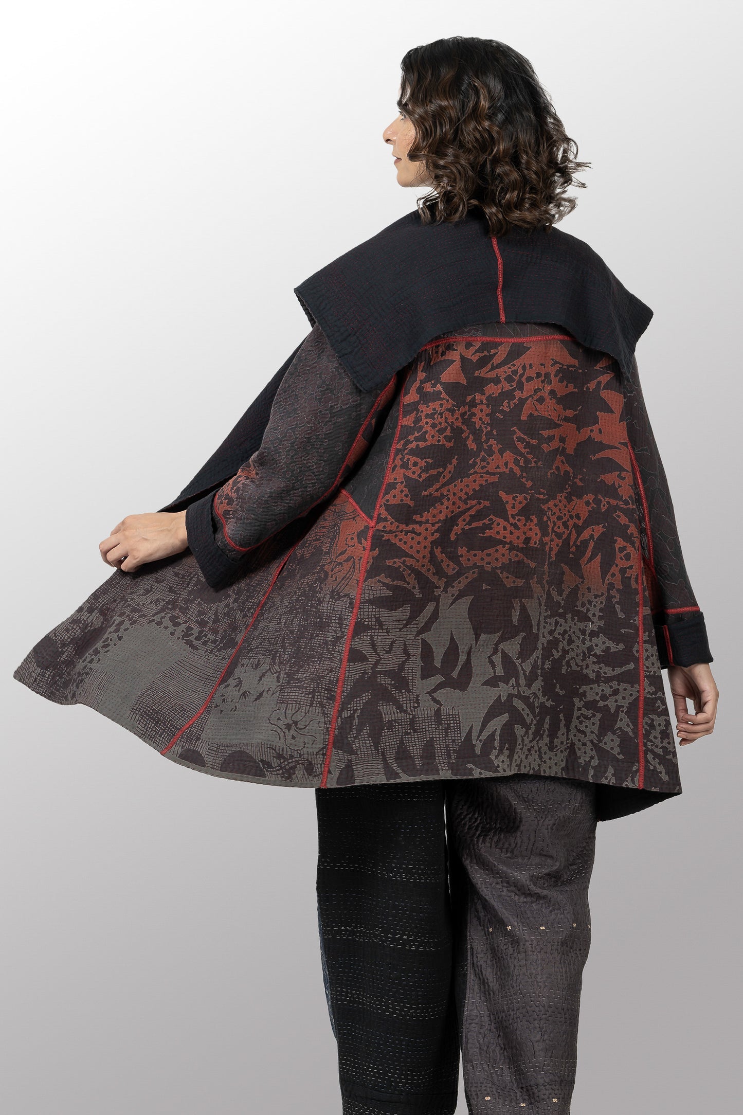 MONOTONE TWILIGHT PRINT KANTHA A-LINE COAT P - tp4336-red -