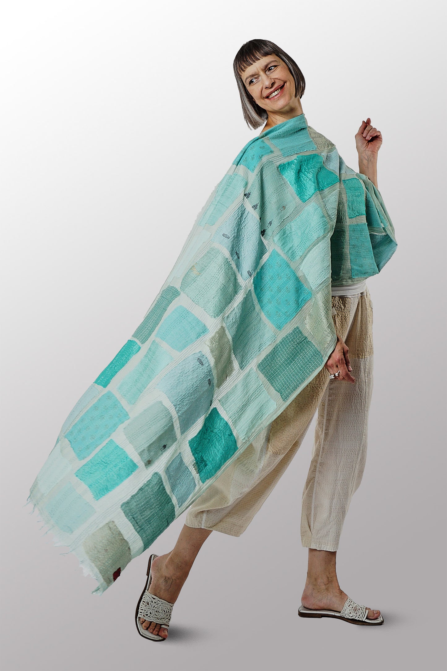 TONAL TILE PATCH KANTHA SHAWL MEDIUM - tt2802-tel -