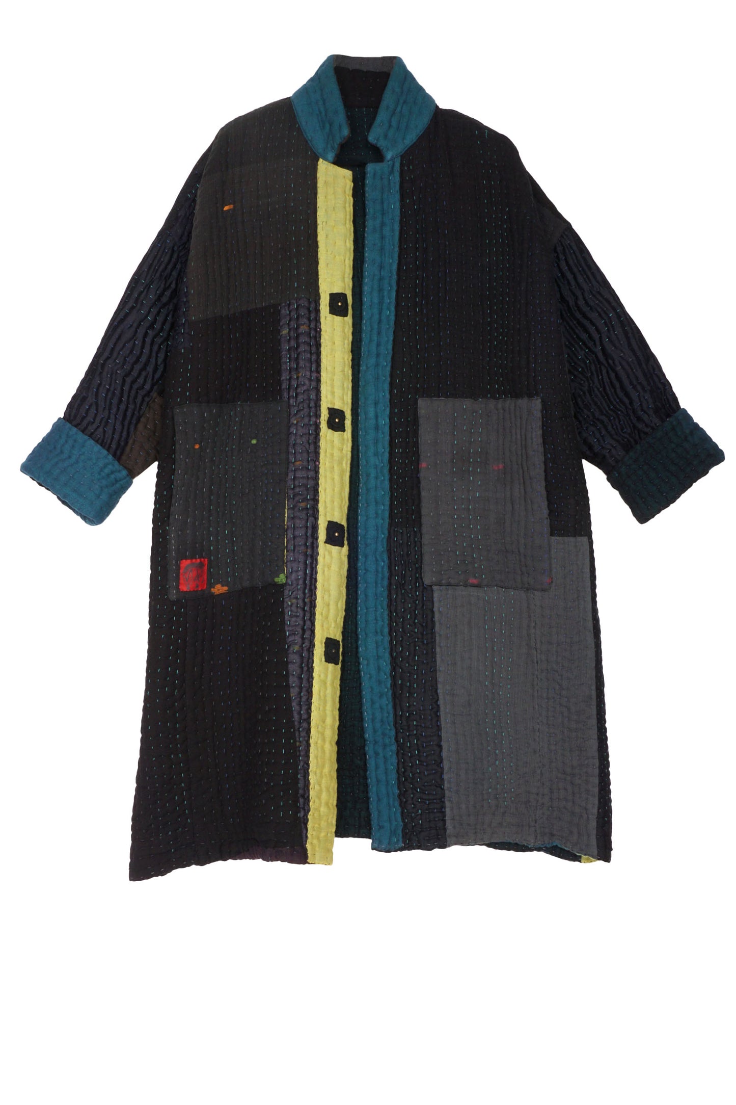 TEAL OMBRE AND PATCH KANTHA OVERSIZED MEDIUM COAT - up6331-blk -