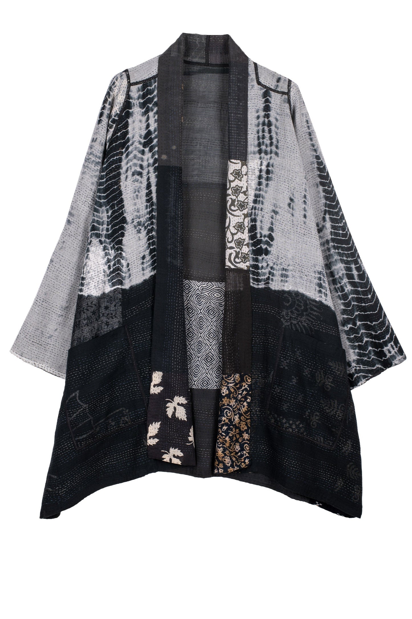 VINTAGE BOTTOM PRINT KANTHA A-LINE JKT - vb2003-blk -