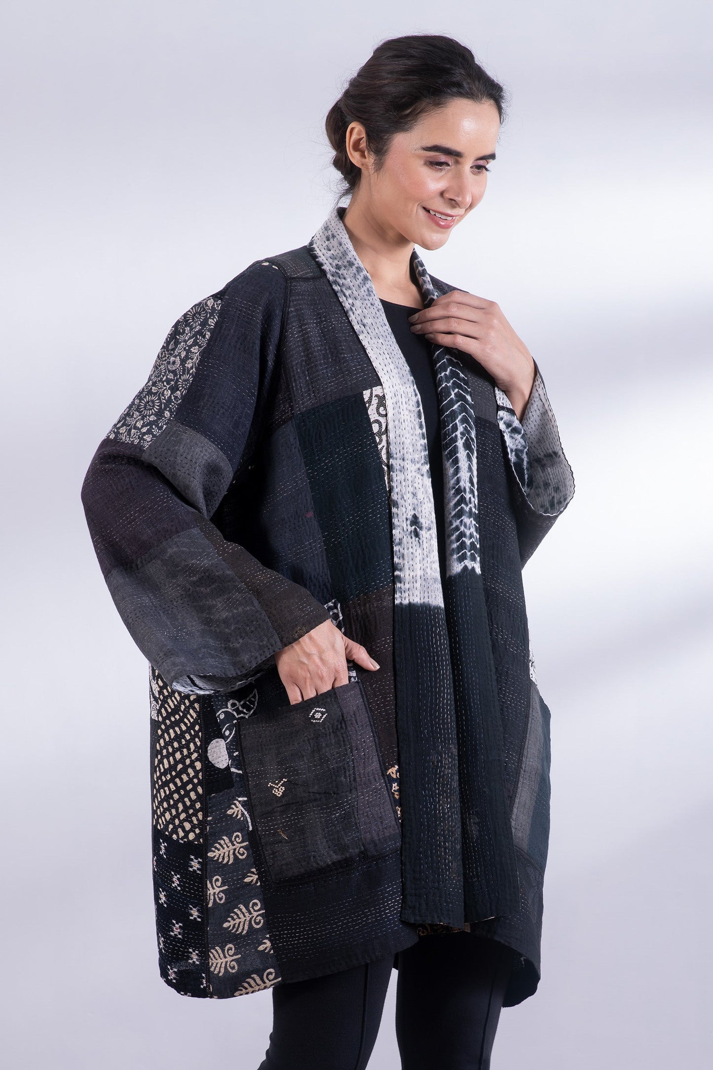 VINTAGE BOTTOM PRINT KANTHA A-LINE JKT - vb2003-blk -