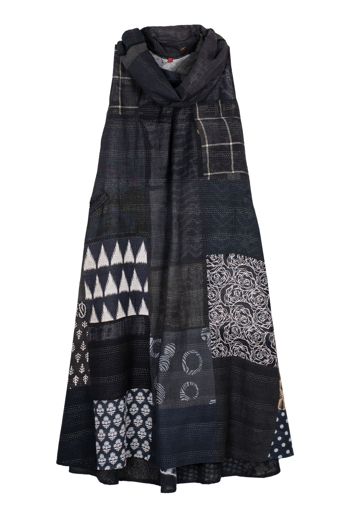 VINTAGE BOTTOM PRINT KANTHA COWL NECK MAXI DRESS - vb2438-blk -