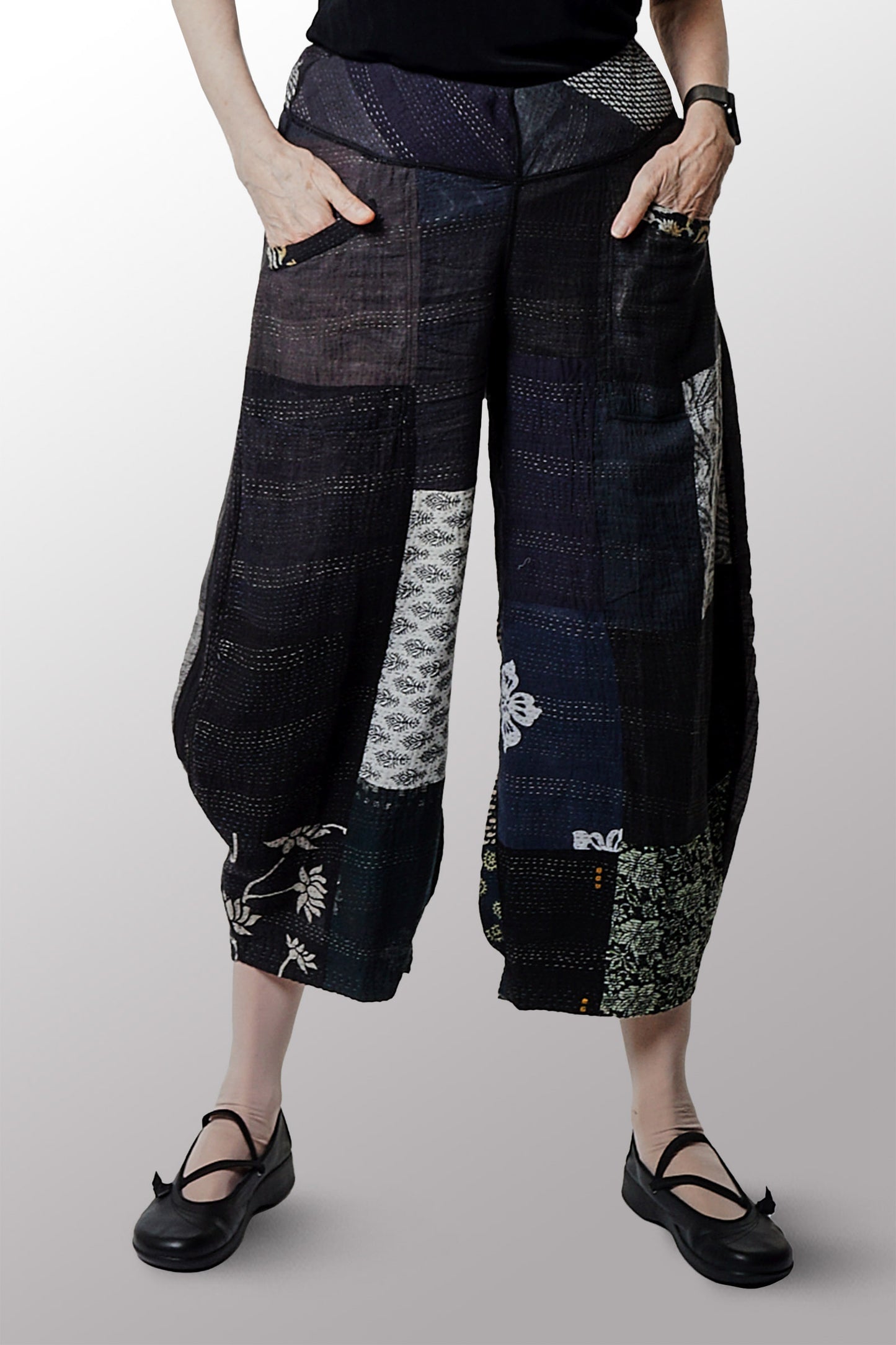 VINTAGE BOTTOM PRINT KANTHA HAREM PANTS - vb2605-blk -