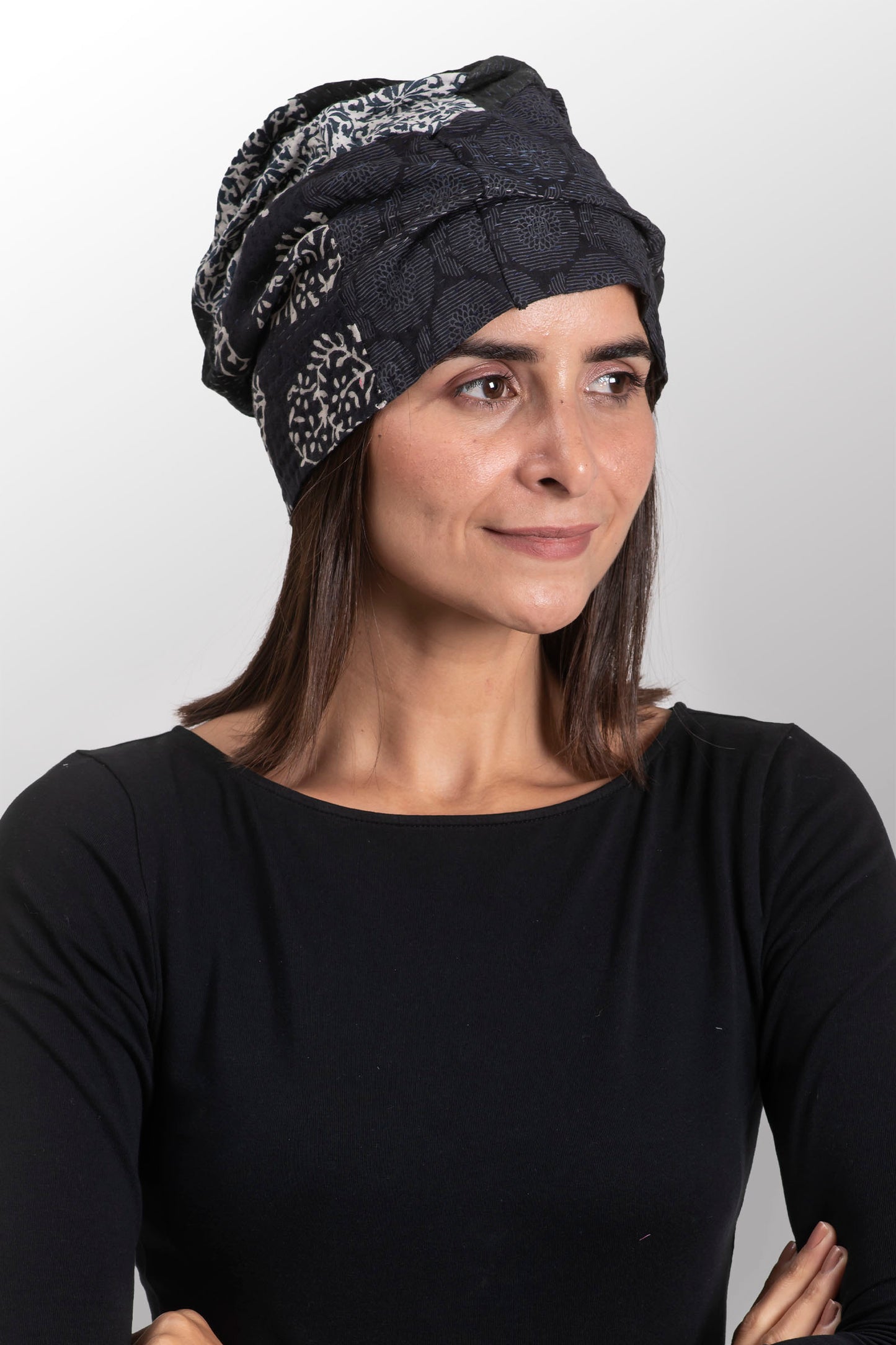 VINTAGE BOTTOM PRINT KANTHA PATCHWORK HAT - vb2880-blk -