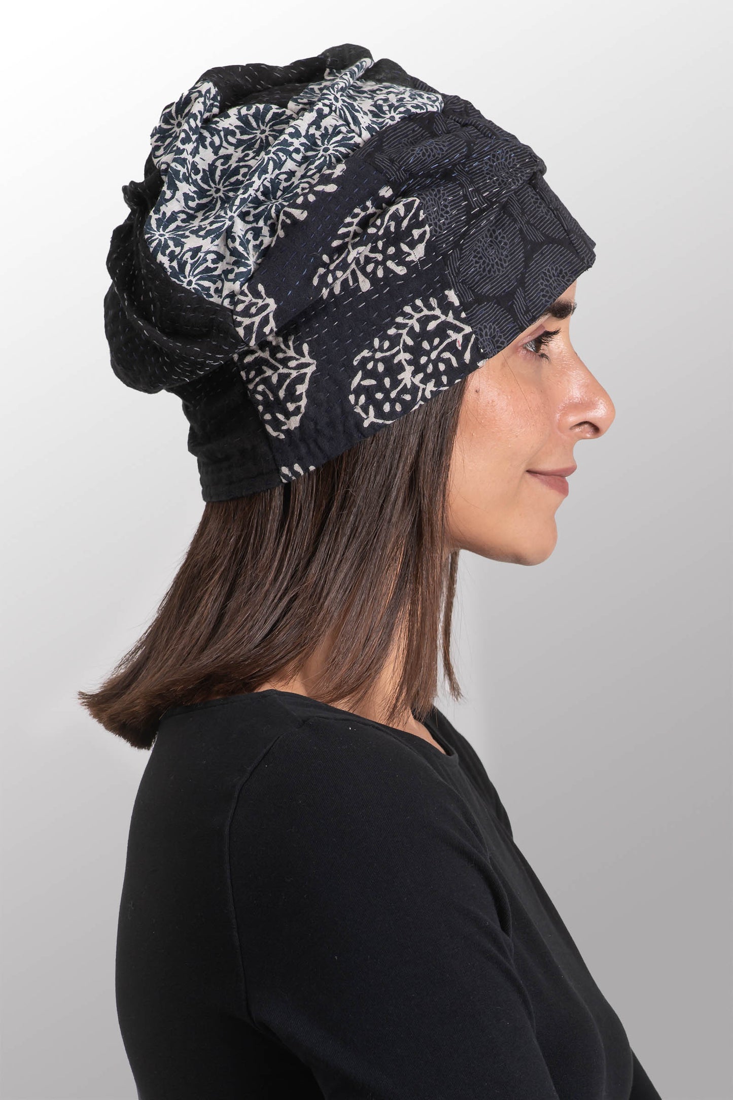 VINTAGE BOTTOM PRINT KANTHA PATCHWORK HAT - vb2880-blk -