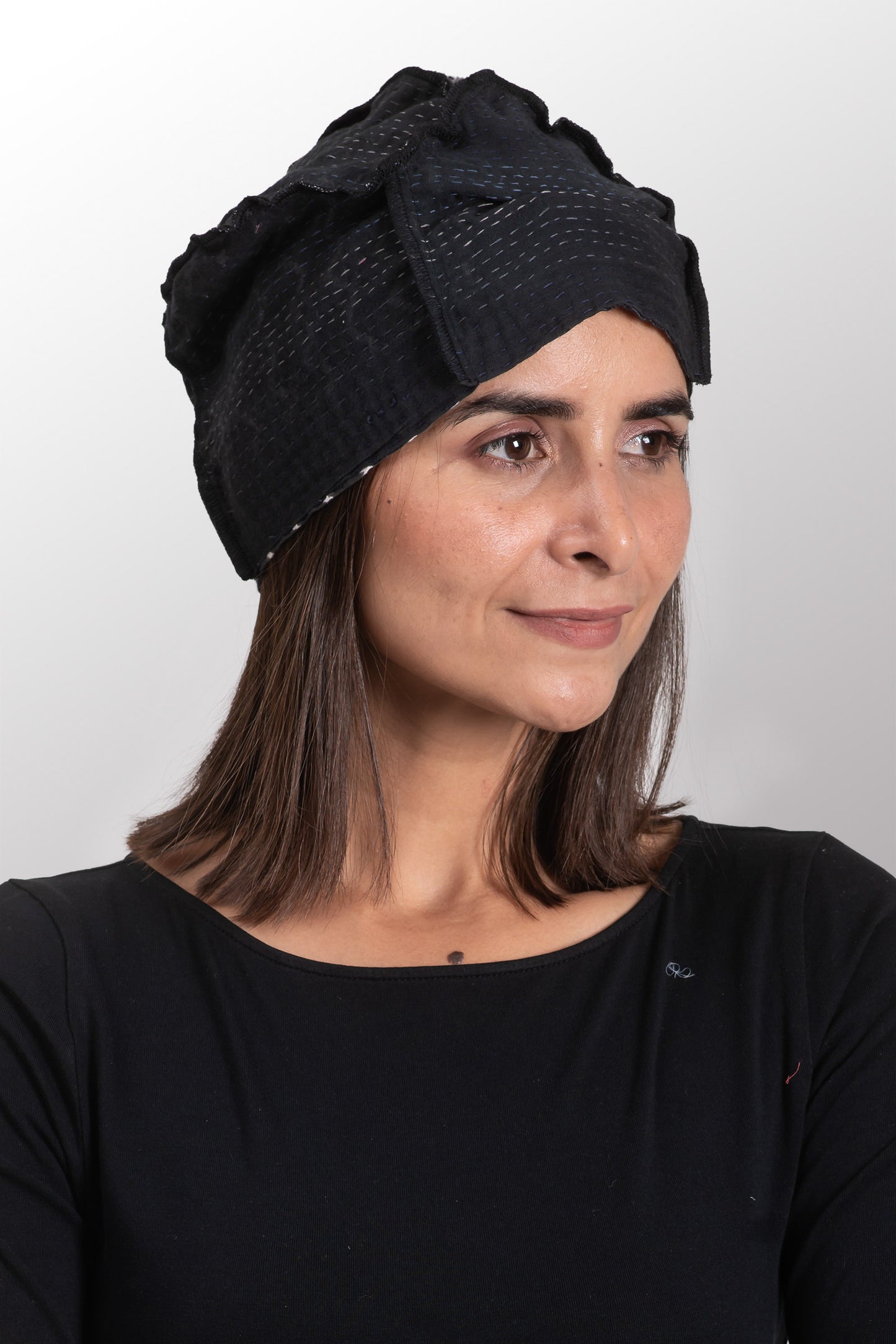 VINTAGE BOTTOM PRINT KANTHA PATCHWORK HAT - vb2880-blk -