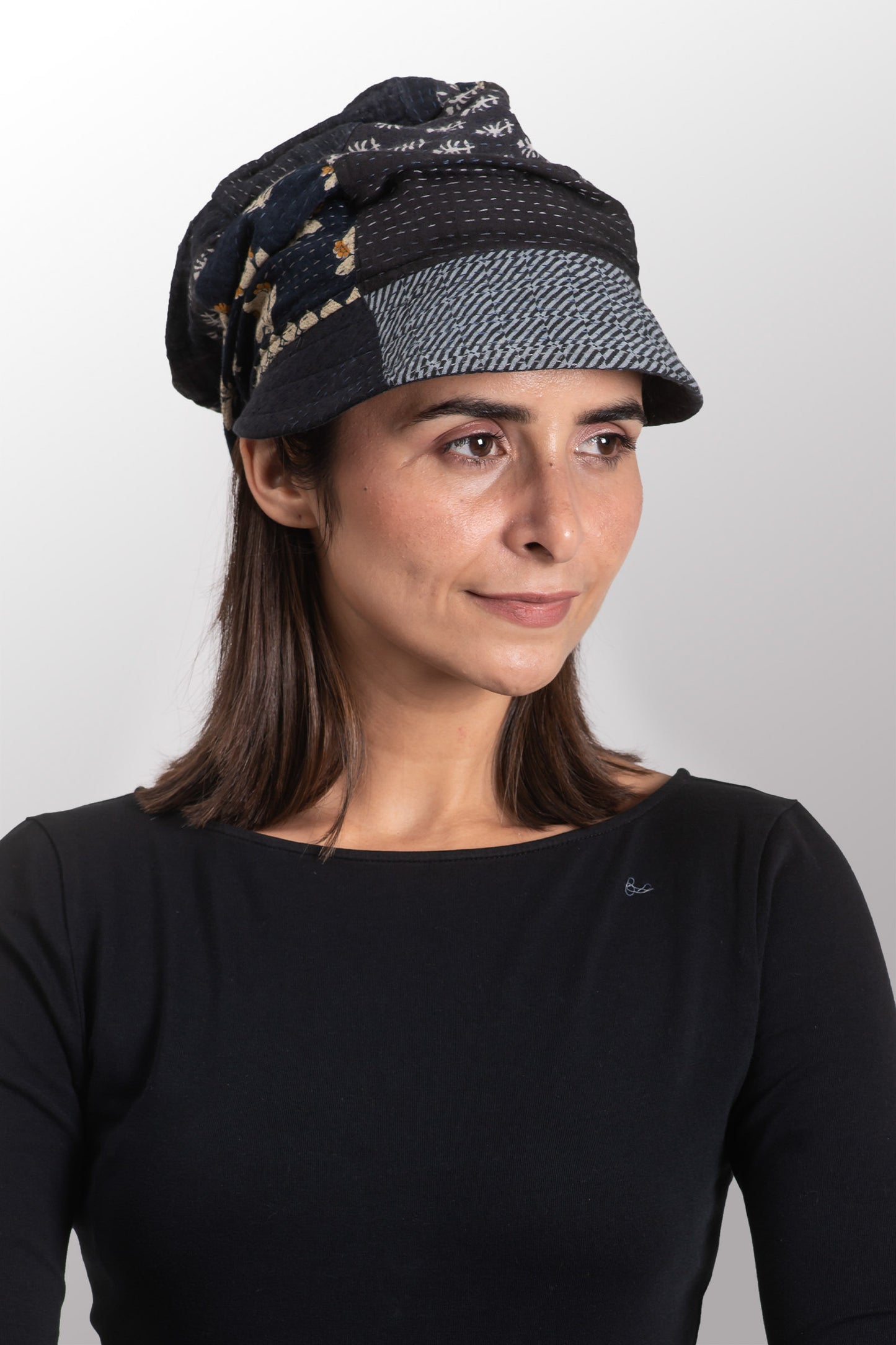 VINTAGE BOTTOM PRINT KANTHA HALF BRIM HAT - vb2881-blk -