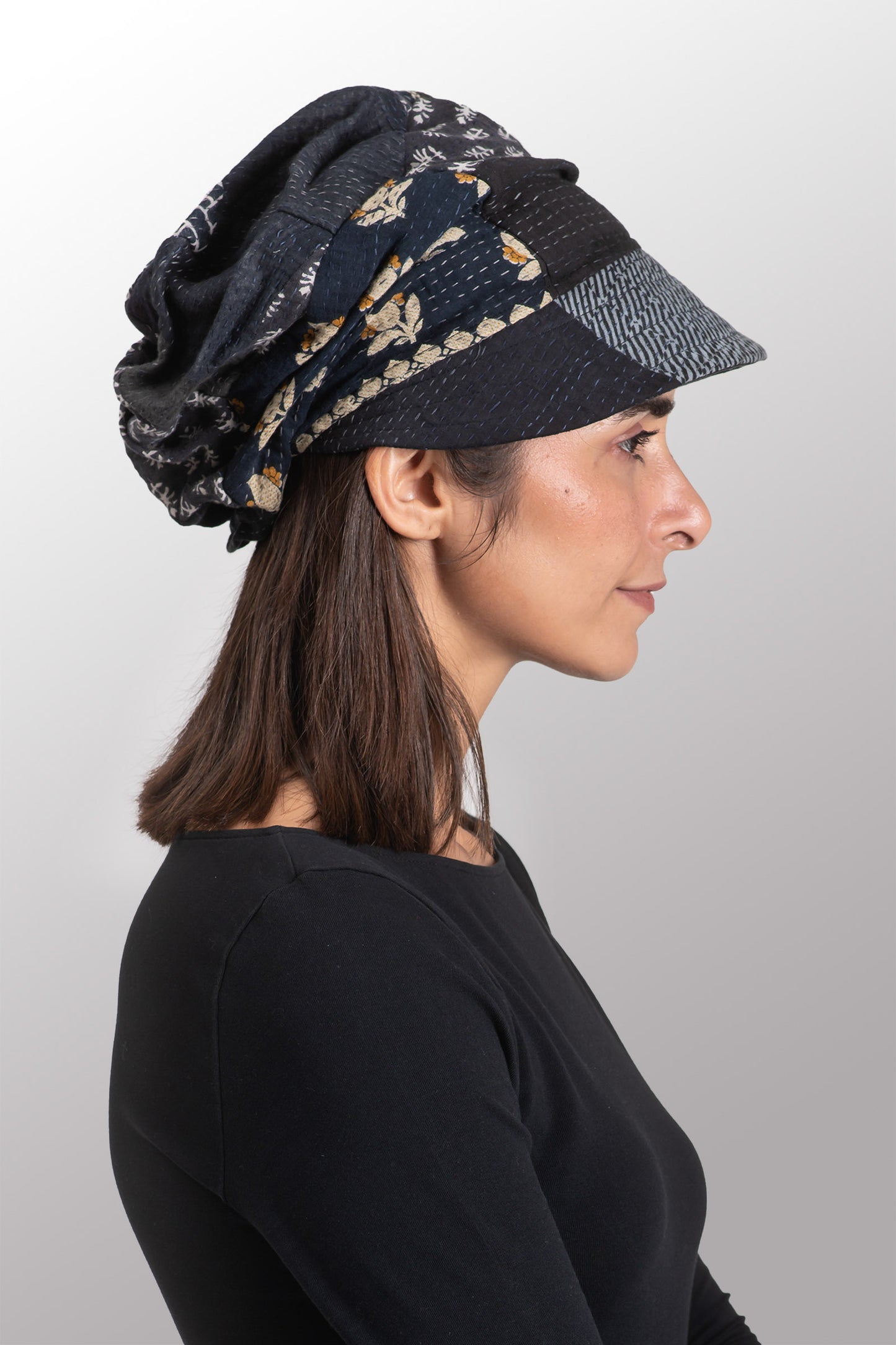 VINTAGE BOTTOM PRINT KANTHA HALF BRIM HAT - vb2881-blk -