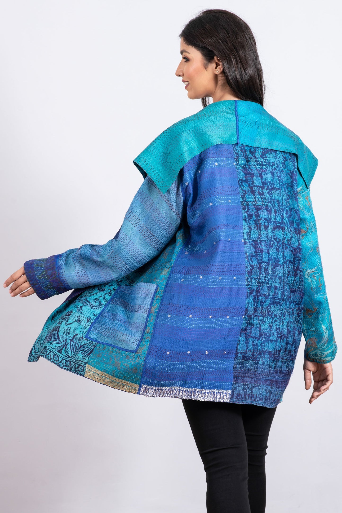 VINTAGE SILK PATCH KANTHA POCKET JKT - vp2002-blu -