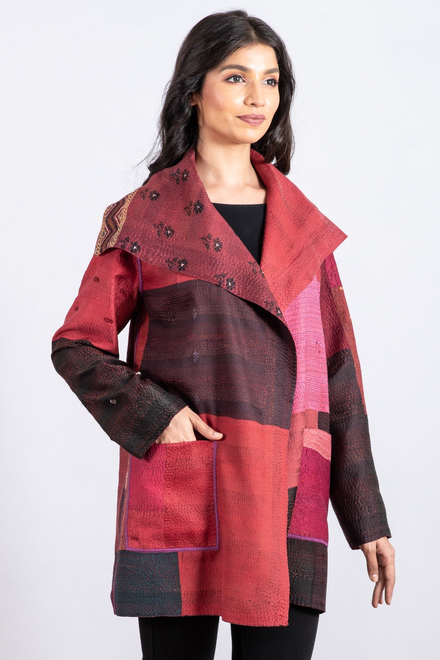 VINTAGE SILK PATCH KANTHA POCKET JKT - vp2002-red -