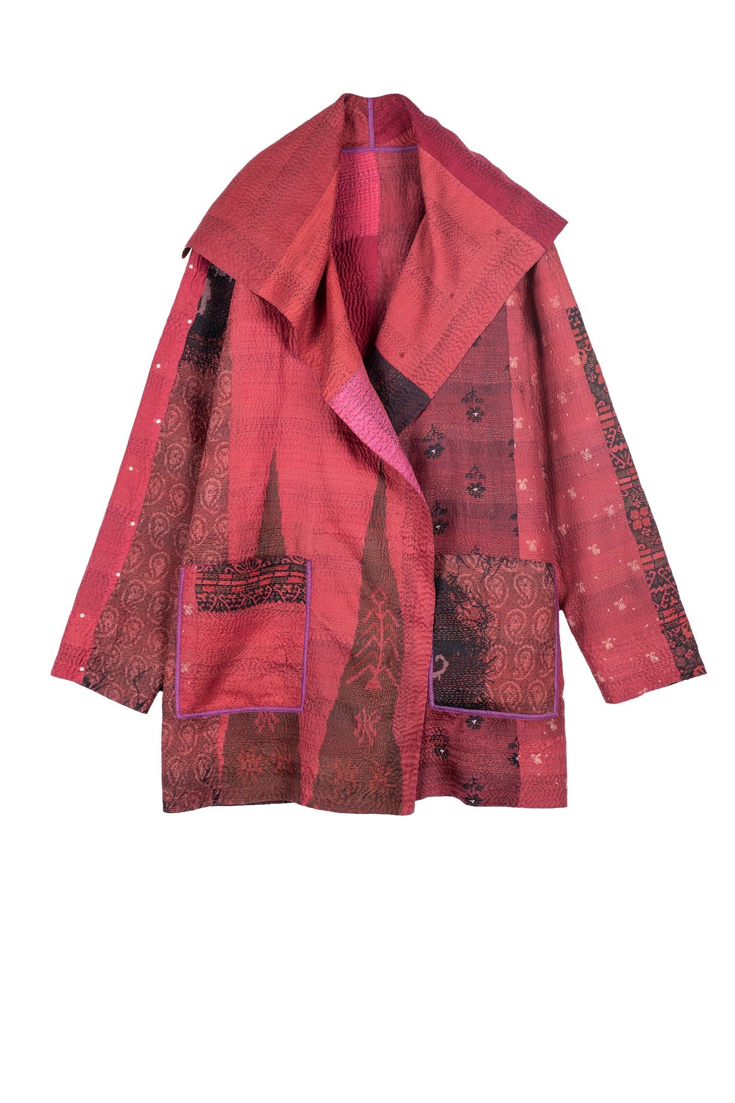 VINTAGE SILK PATCH KANTHA POCKET JKT - vp2002-red -