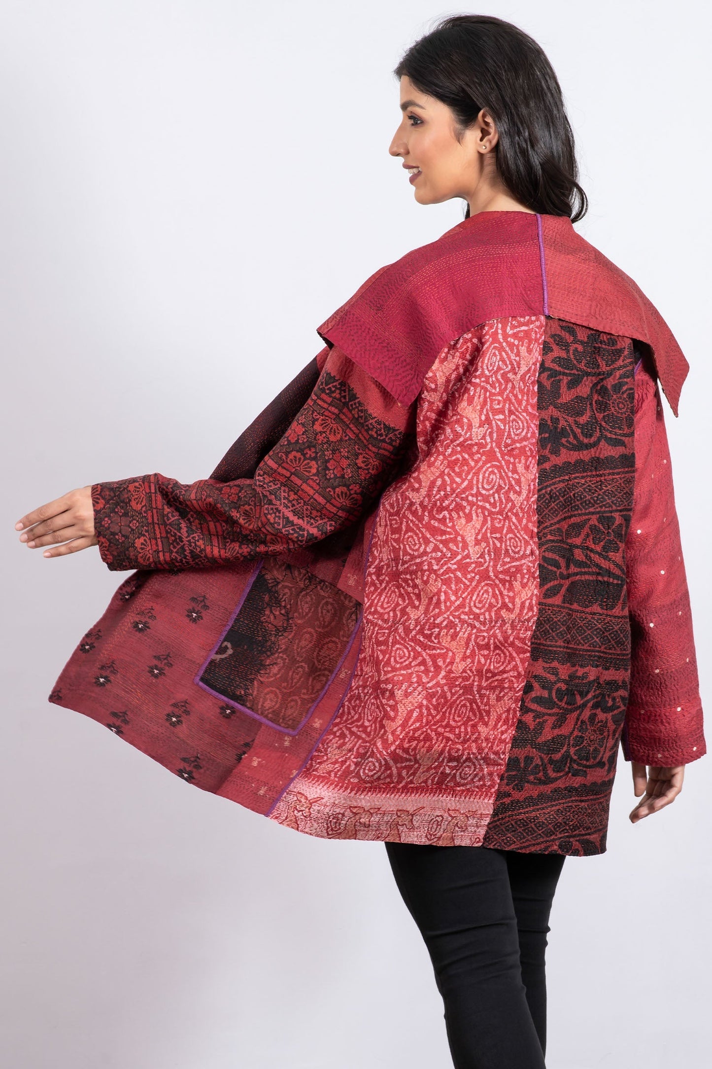 VINTAGE SILK PATCH KANTHA POCKET JKT - vp2002-red -