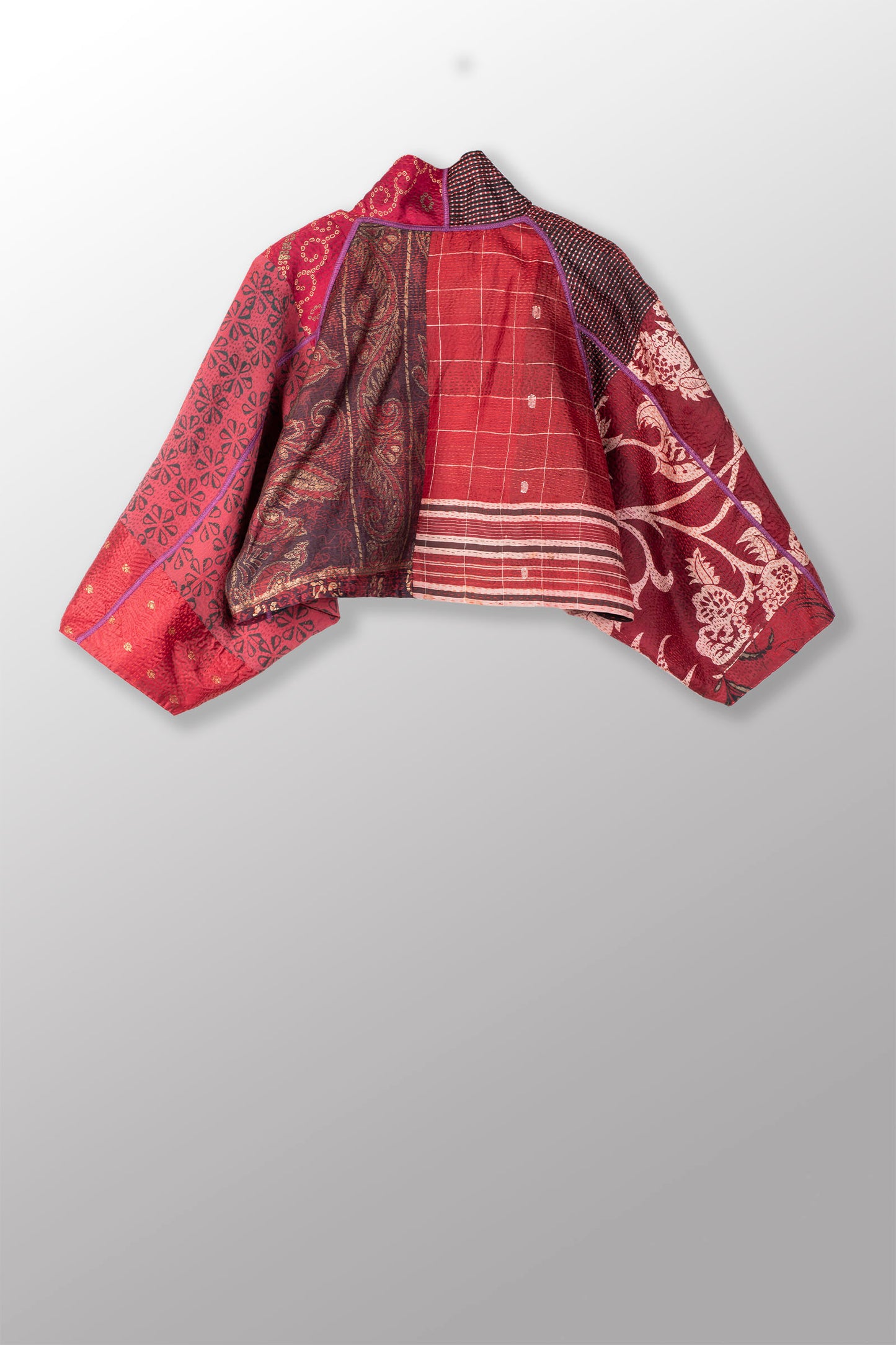 VINTAGE SILK PATCH KANTHA PUFF SLV. SHRUG - vp2062-red -