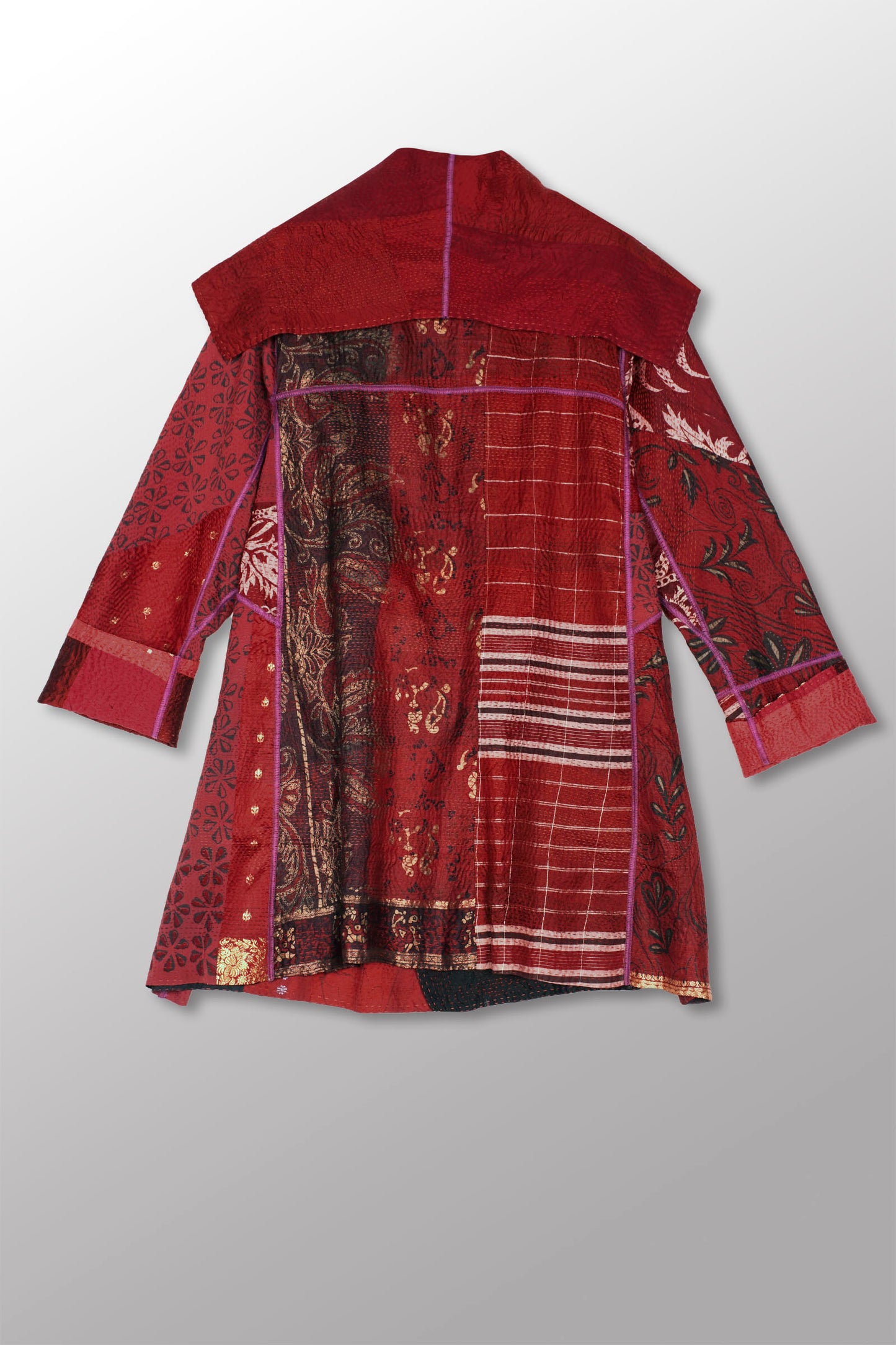 VINTAGE SILK PATCH KANTHA A-LINE COAT P - vp2336-red -