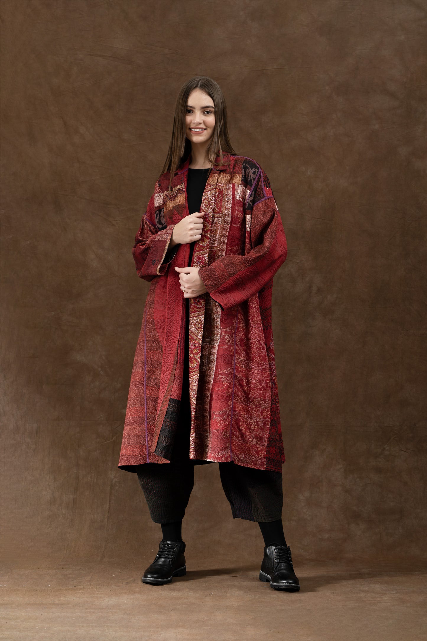 VINTAGE SILK PATCH KANTHA NEW OVERSIZED COAT - vp2342-red -