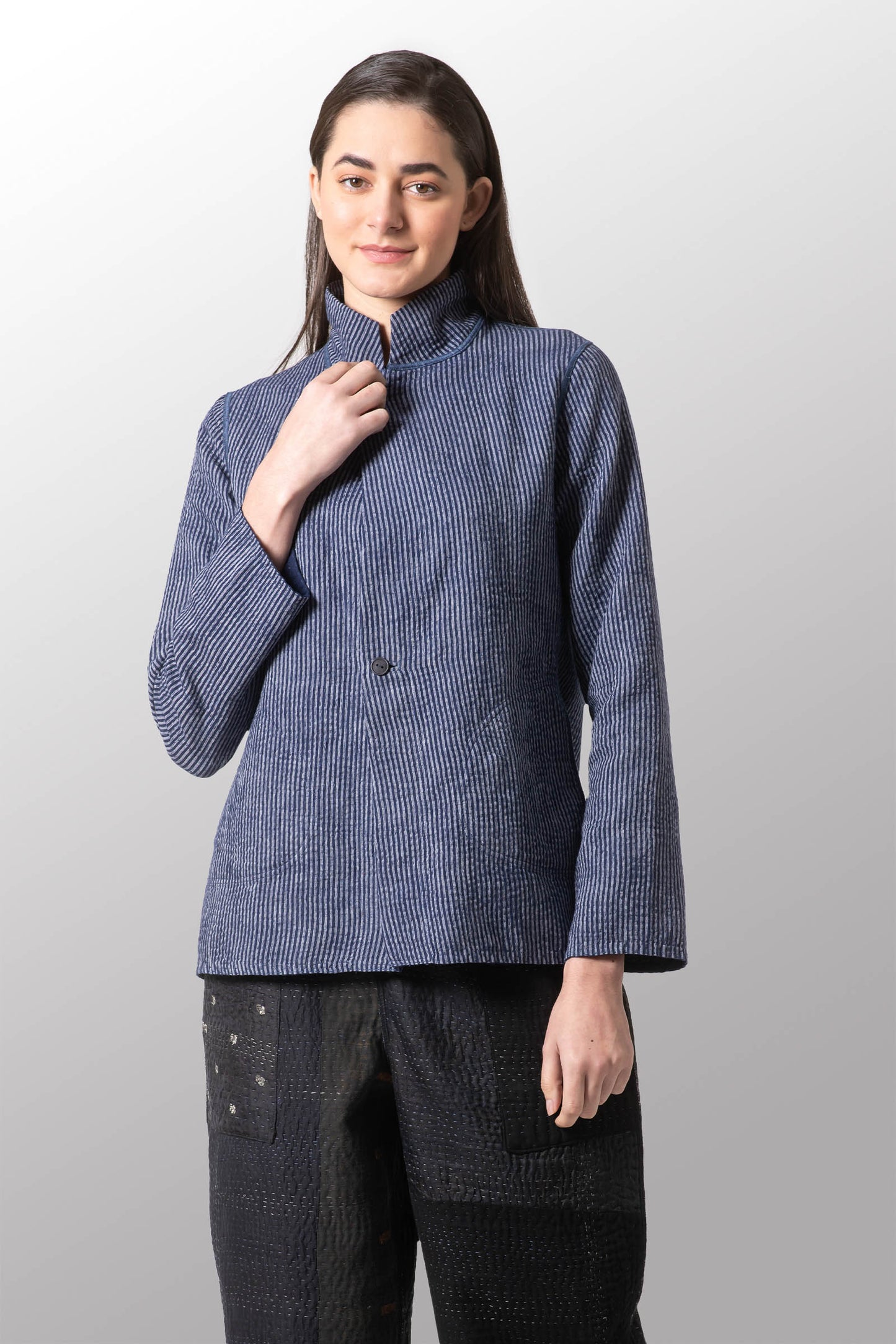 HANDLOOM PIN STRIPE KANTHA SIMPLE JACKET - wa3022-blu -