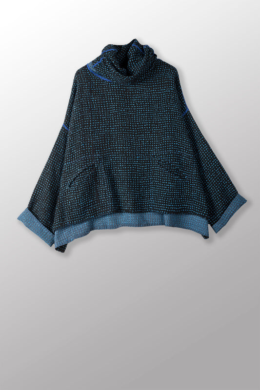 WAFFLE KANTHA NEW COWL NECK PONCHO - wf3083-blu -