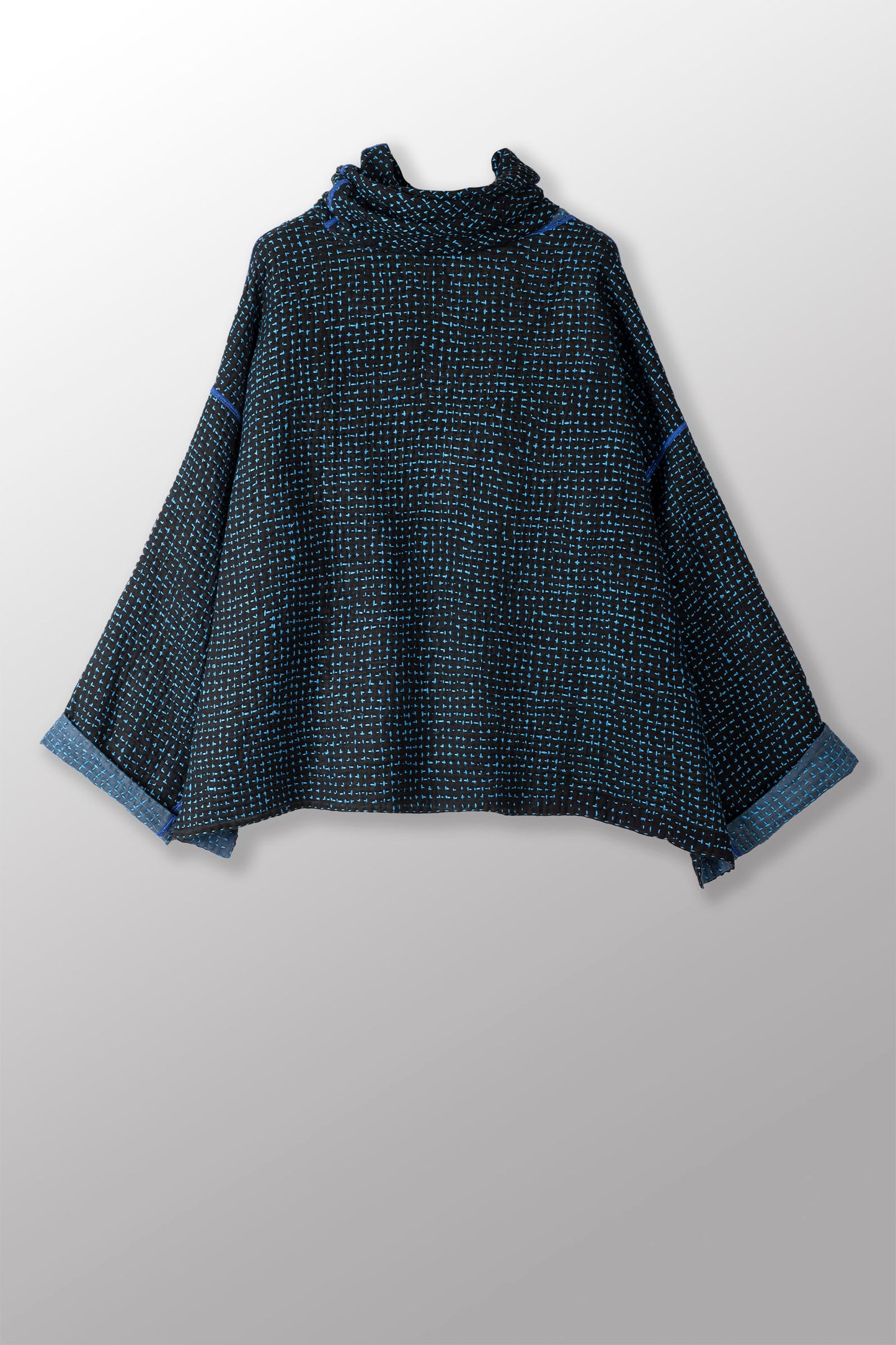 WAFFLE KANTHA NEW COWL NECK PONCHO - wf3083-blu -