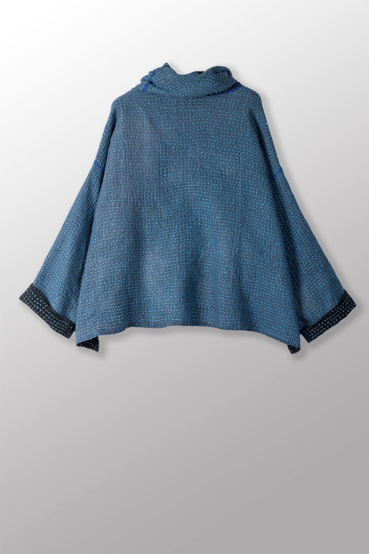 WAFFLE KANTHA NEW COWL NECK PONCHO - wf3083-blu -