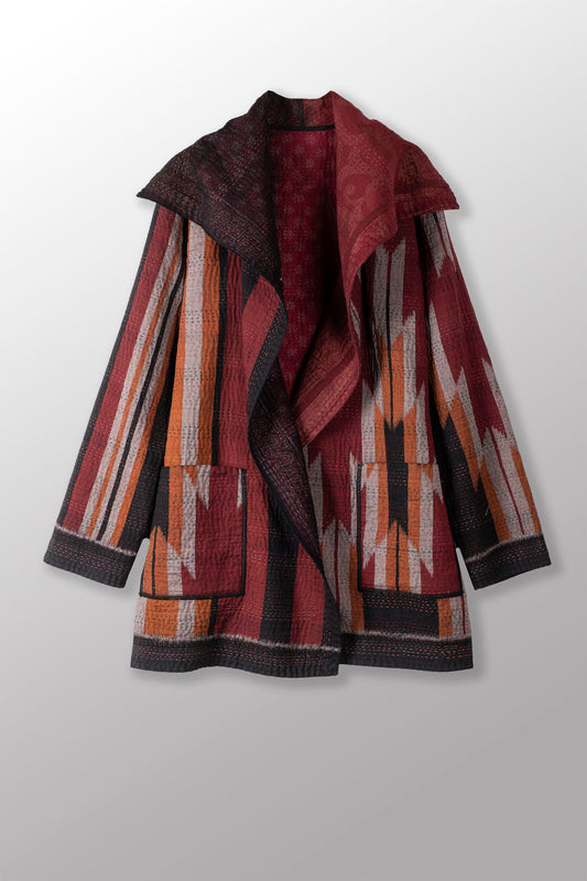 WOVEN HANDLOOM IKAT WITH OMBRE KANTHA POCKET JACKET - wh4002-red -