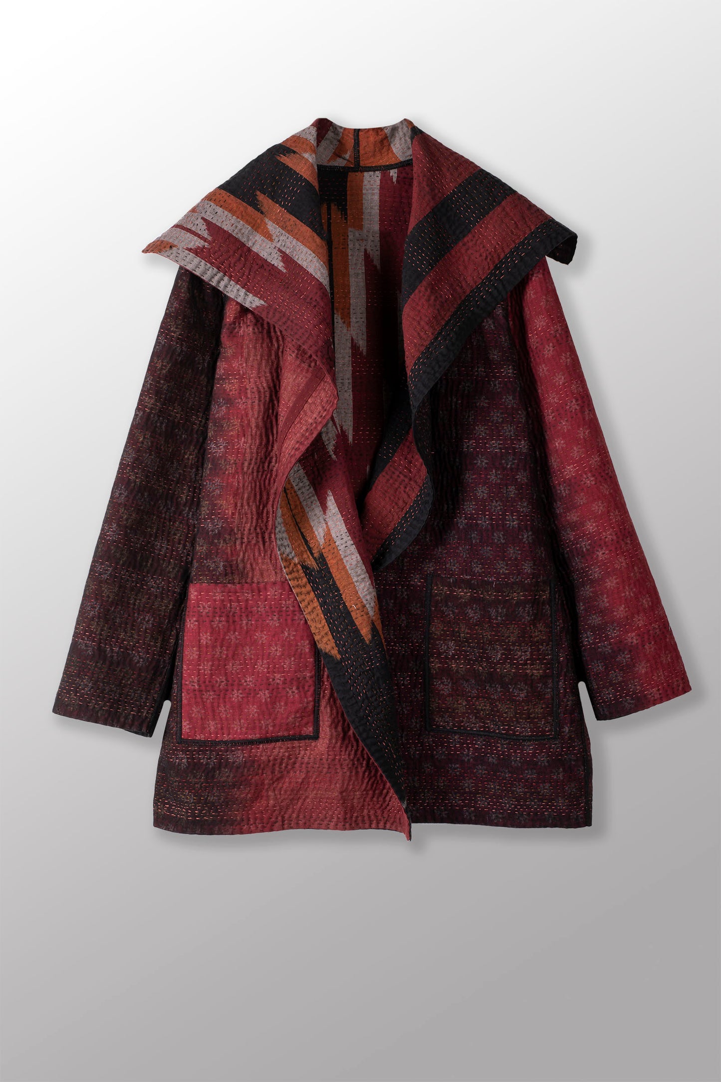 WOVEN HANDLOOM IKAT WITH OMBRE KANTHA POCKET JACKET - wh4002-red -