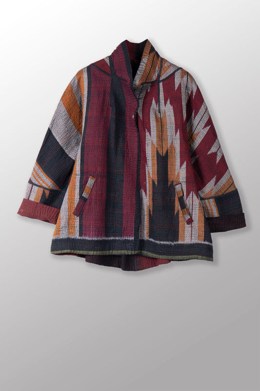 WOVEN HANDLOOM IKAT WITH OMBRE KANTHA FLARE SHORT JACKET - wh4011-red -